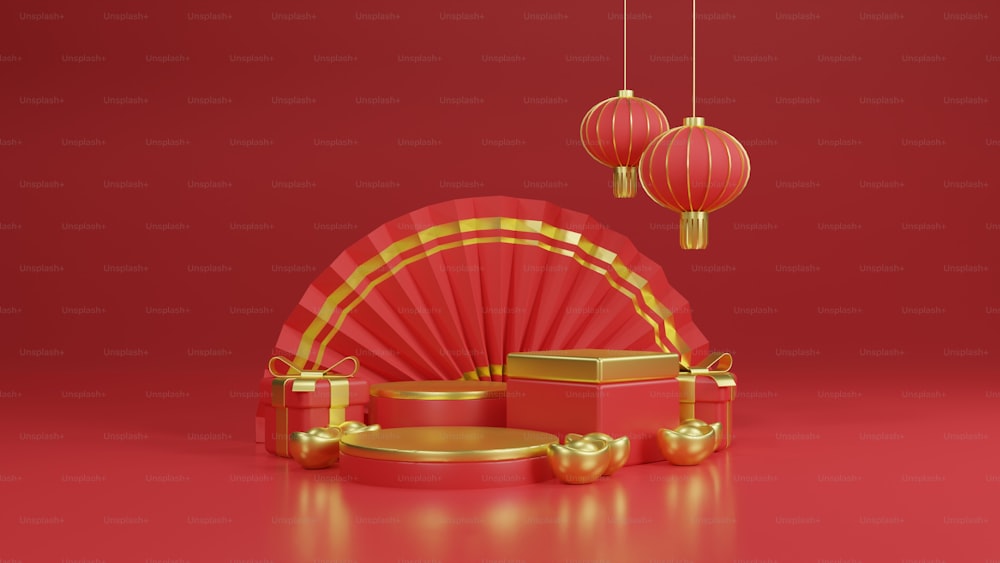 un fond rouge avec un ventilateur, des coffrets cadeaux et des lanternes