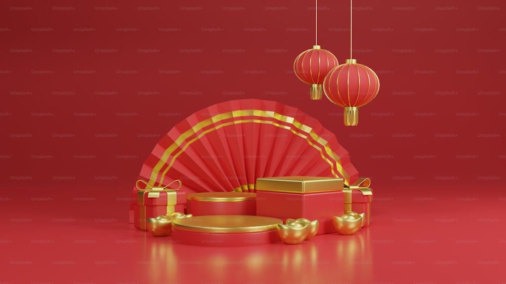 a red background with a fan, gift boxes and lanterns