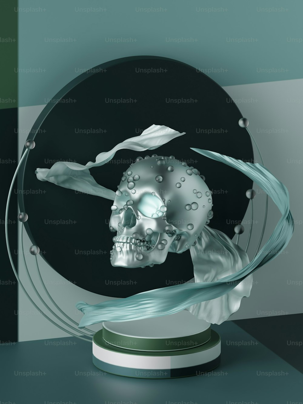 a glass sculpture of a skeleton with a flower in its mouth