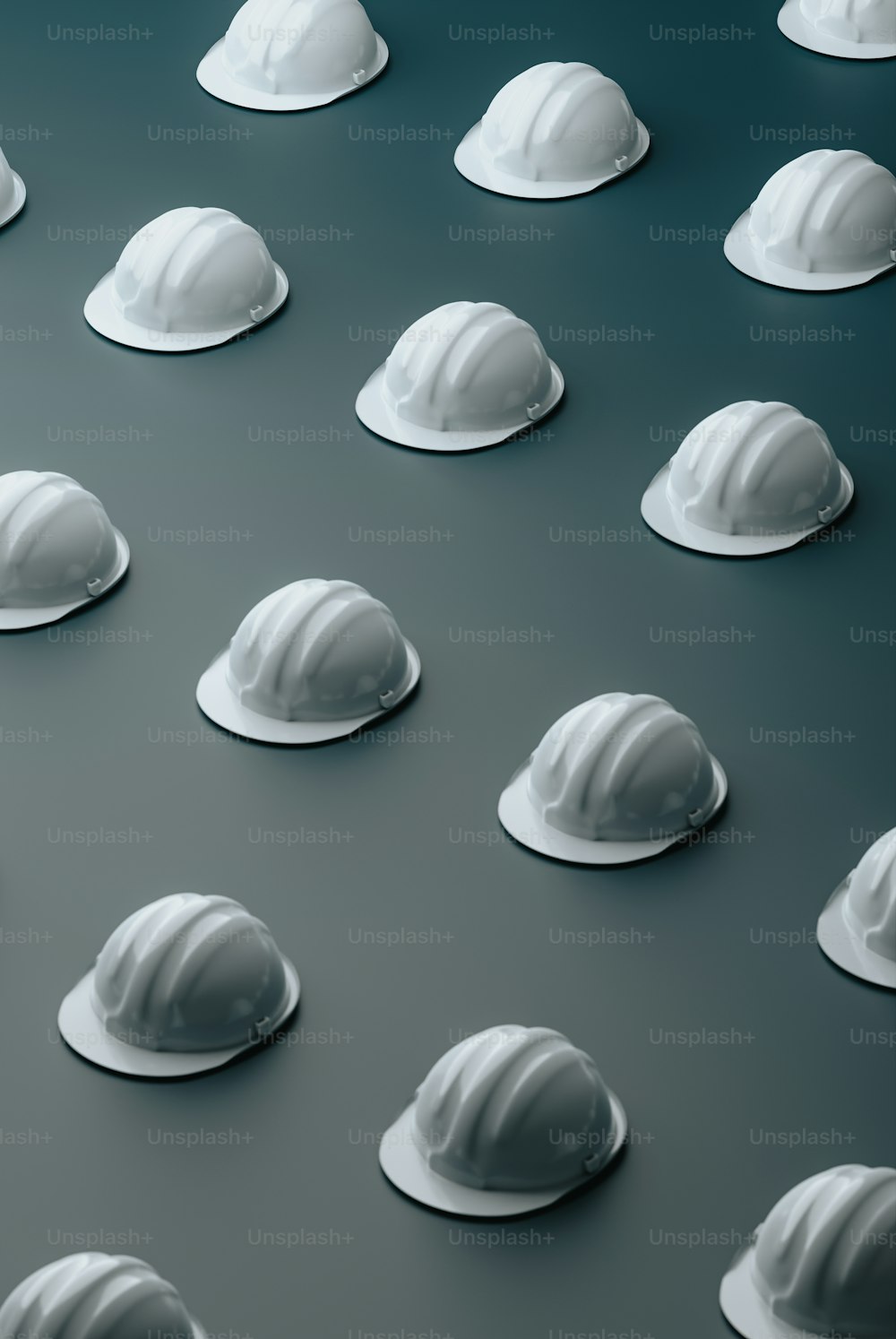a group of hard hats sitting on top of a table