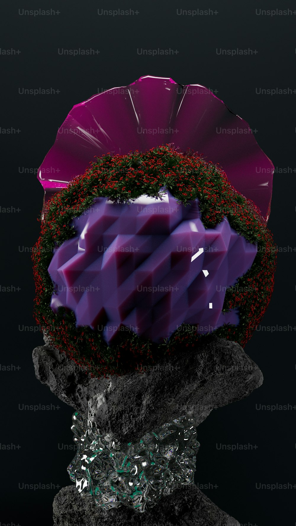 a purple object sitting on top of a rock