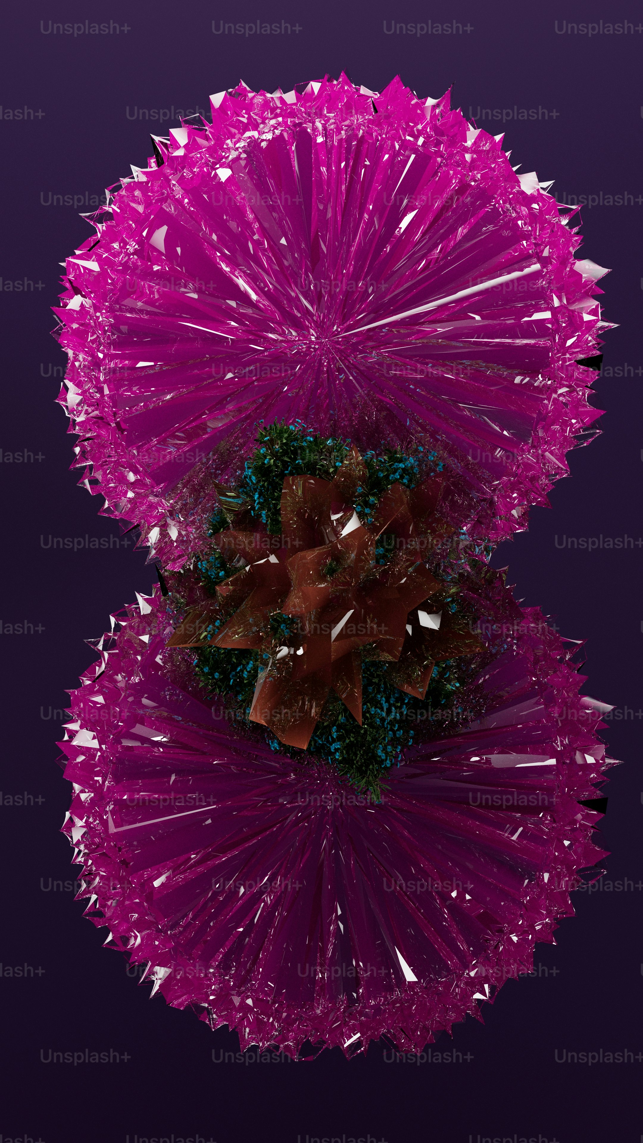 a close up of a pink umbrella with a purple background