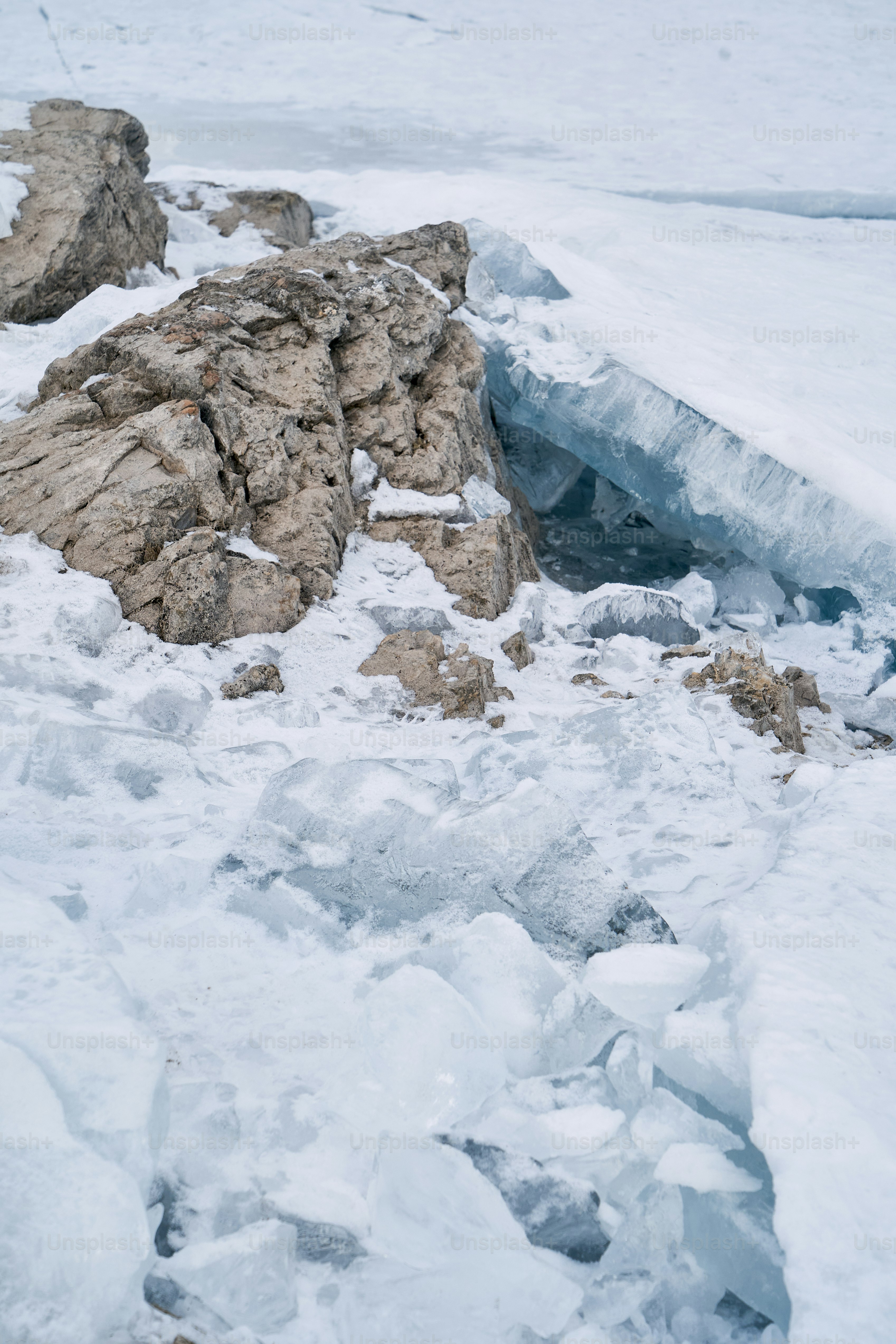 a snow covered area with rocks and ice