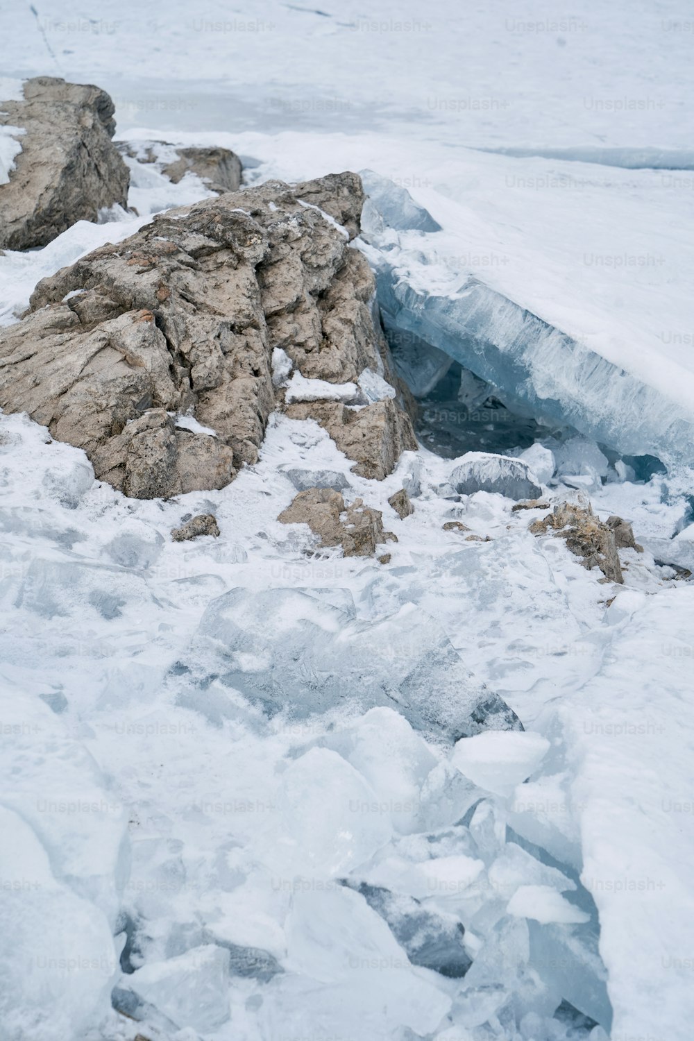 uma área coberta de neve com rochas e gelo