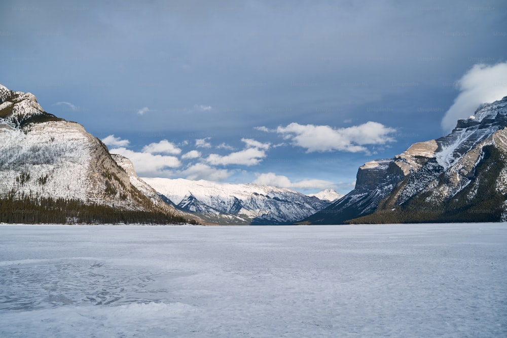 a large body of water surrounded by snow covered mountains