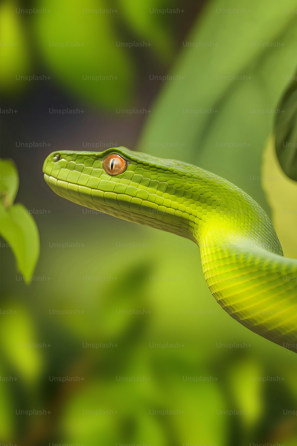 um close up de uma cobra verde em um galho