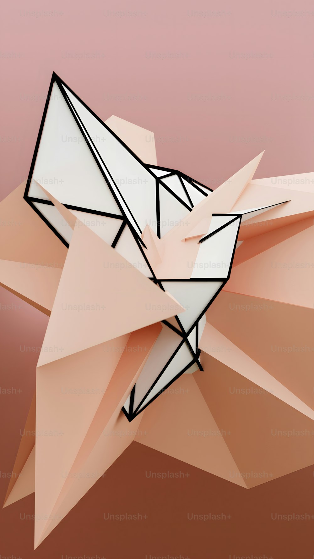 Un oiseau en origami en papier sur fond rose