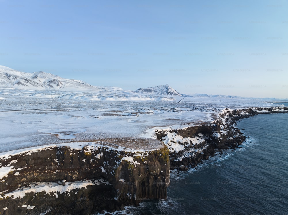 a large body of water surrounded by snow covered mountains