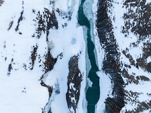 a bird's eye view of a river in the snow