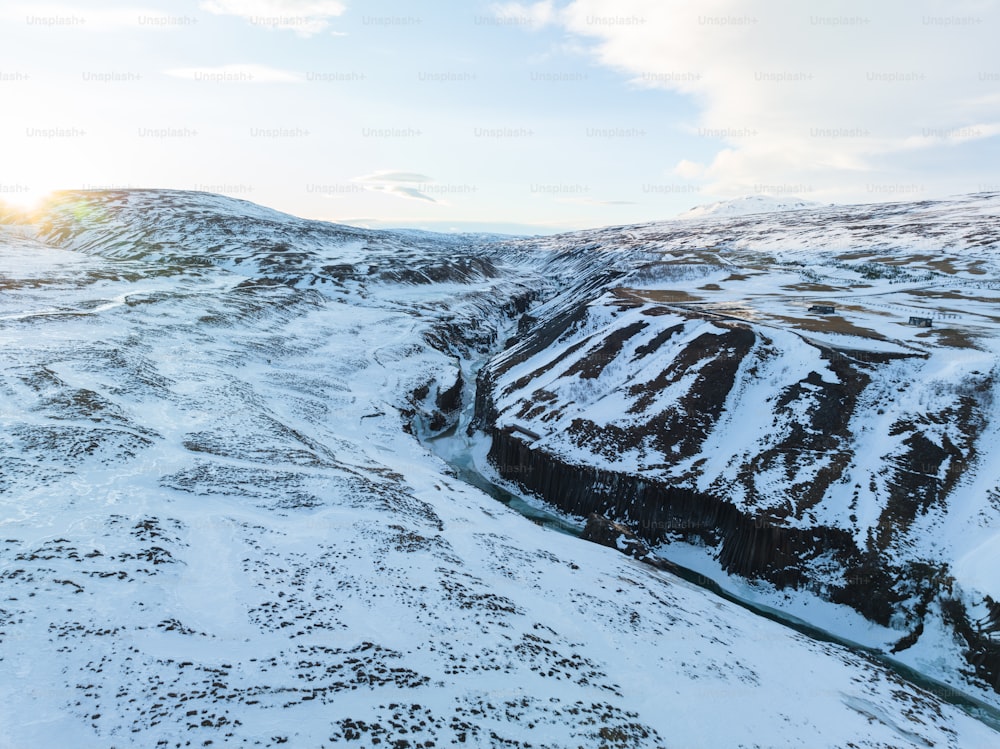 a snow covered mountain with a river running through it