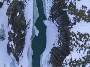 an aerial view of a river surrounded by snow