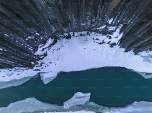 a large body of water surrounded by snow