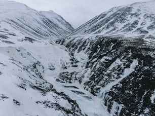 a snow covered mountain with a river running through it
