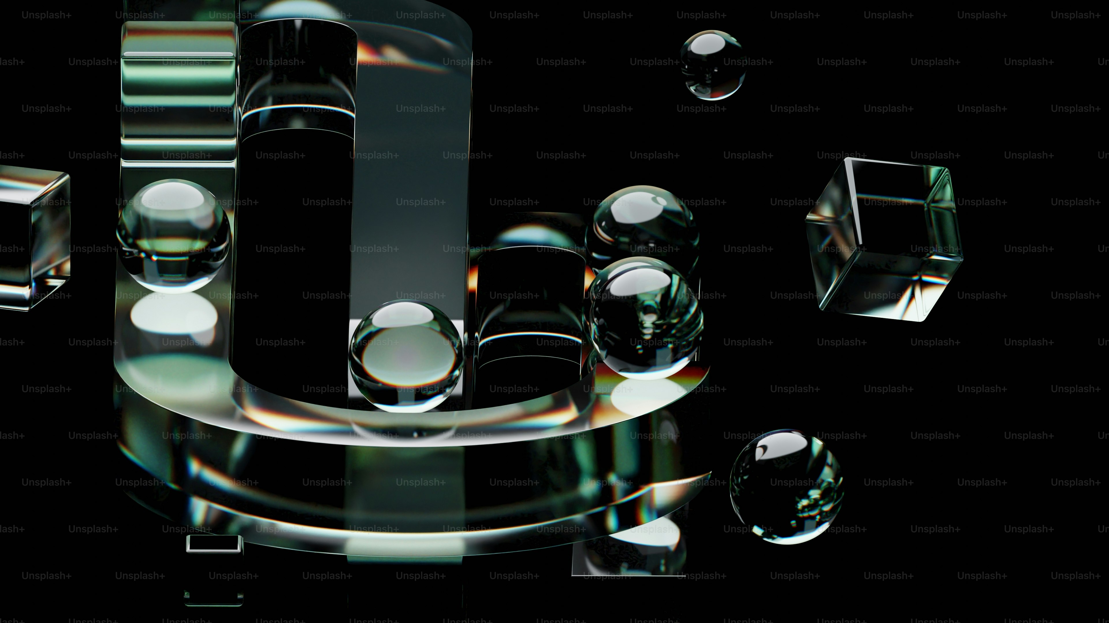 a group of glass objects floating in the air