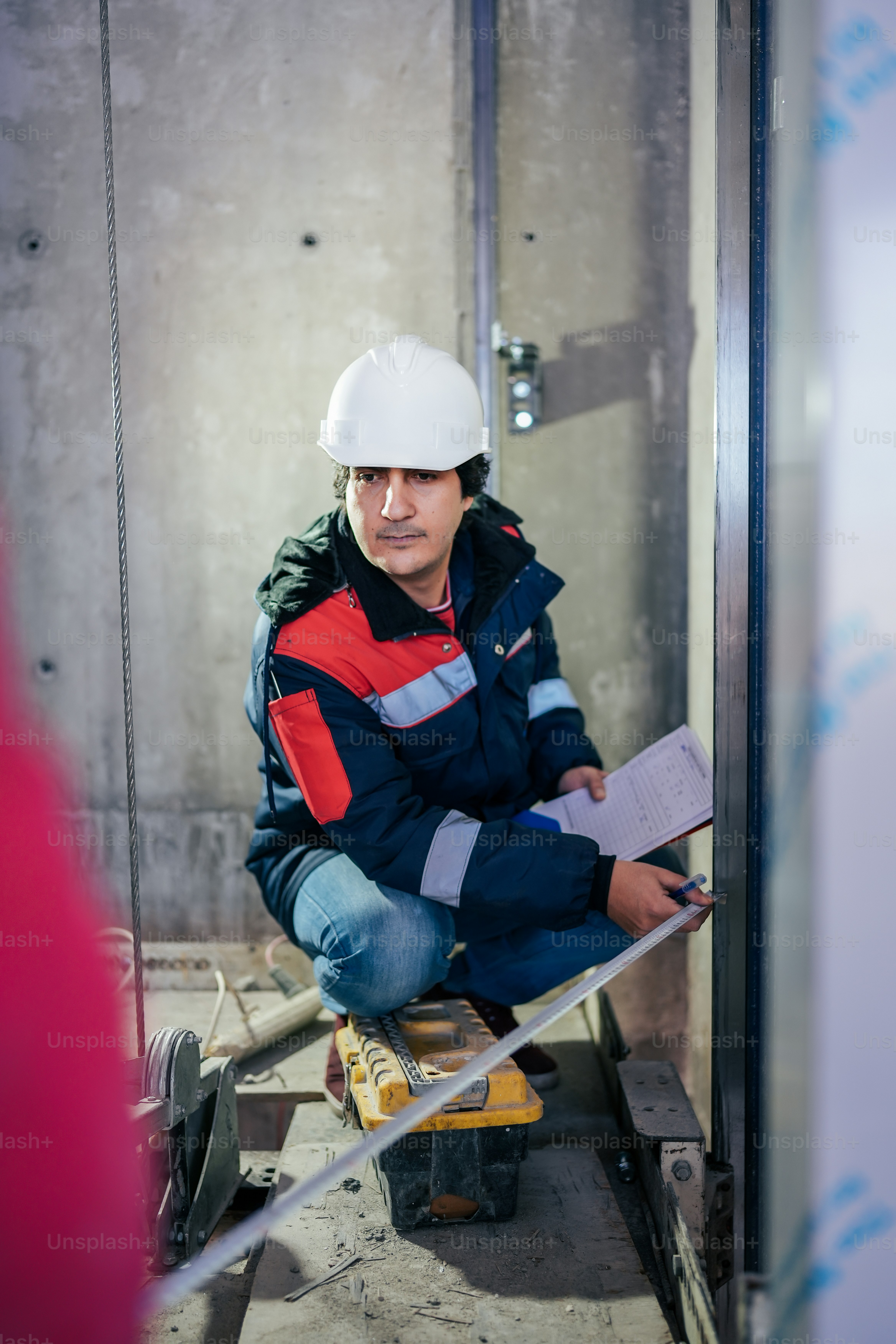 a man in a hard hat sitting on a work bench