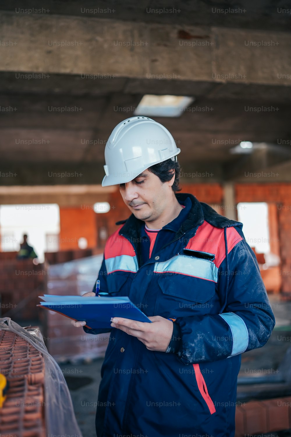 a man in a hard hat is holding a clipboard