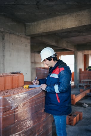 a woman in a hard hat writing on a piece of wood