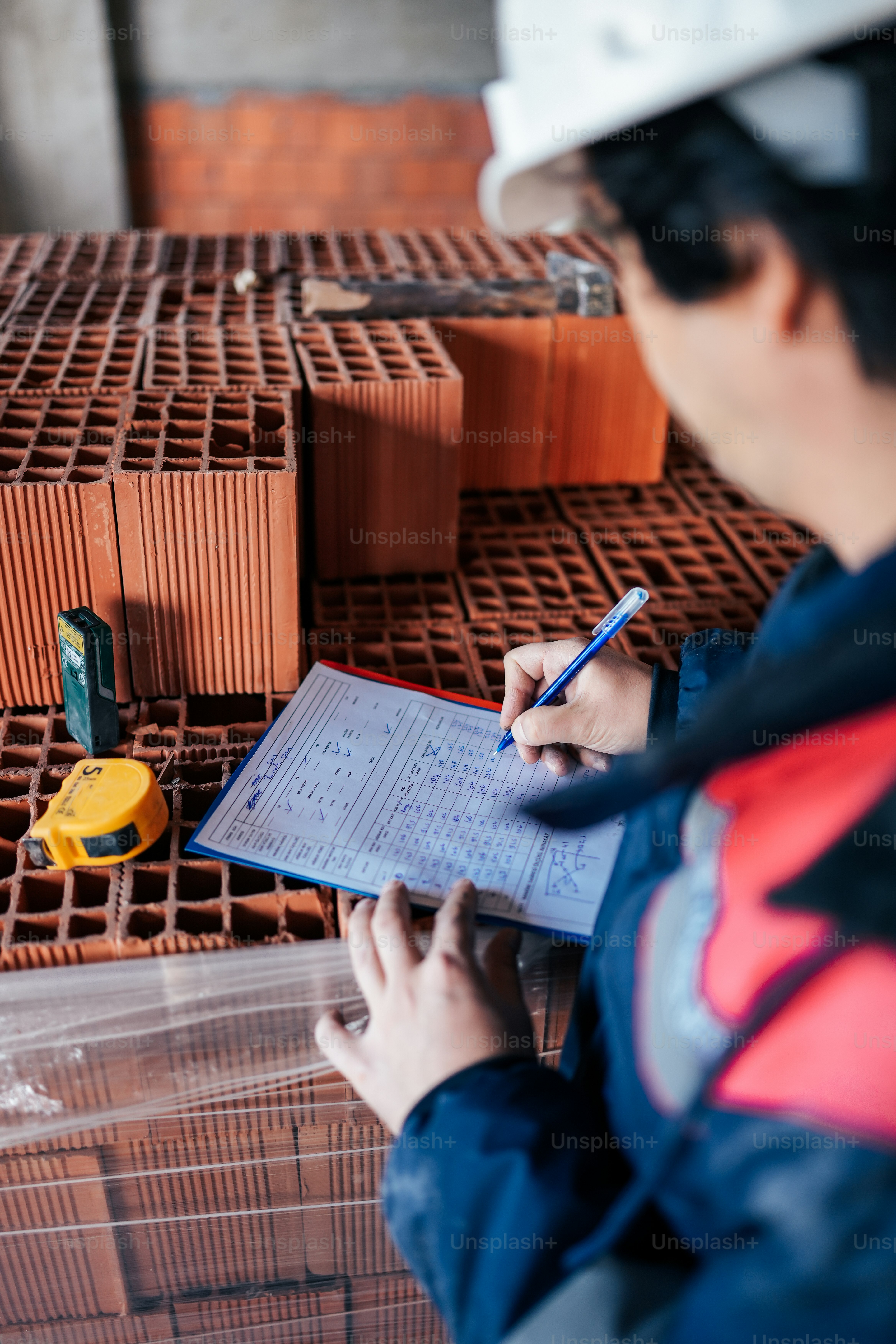 Un hombre con casco escribiendo en un pedazo de papel