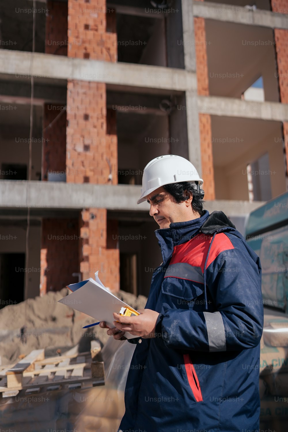 a man in a hard hat and jacket standing in front of a building under construction