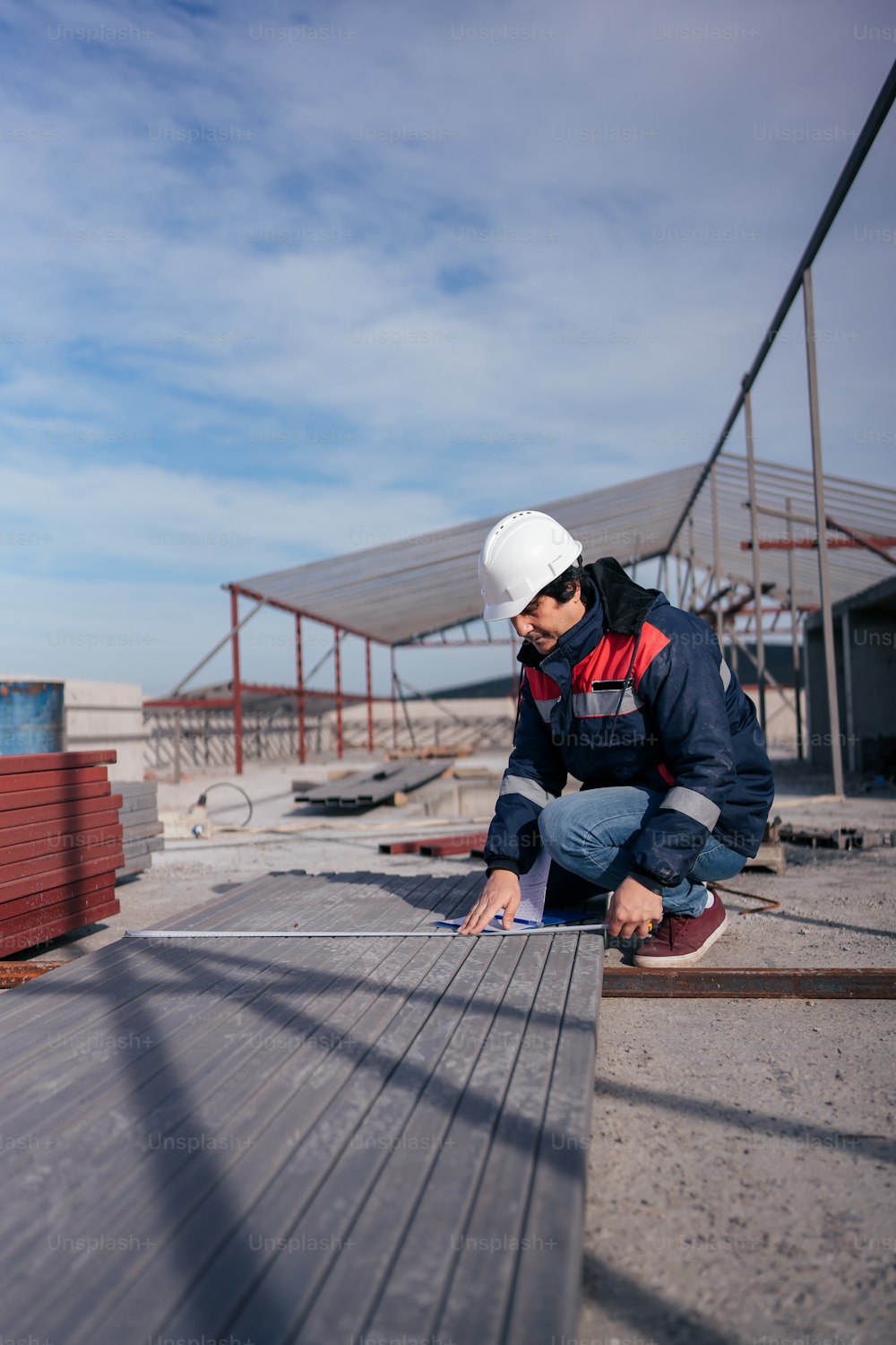 um homem em um capacete trabalhando em um piso de madeira