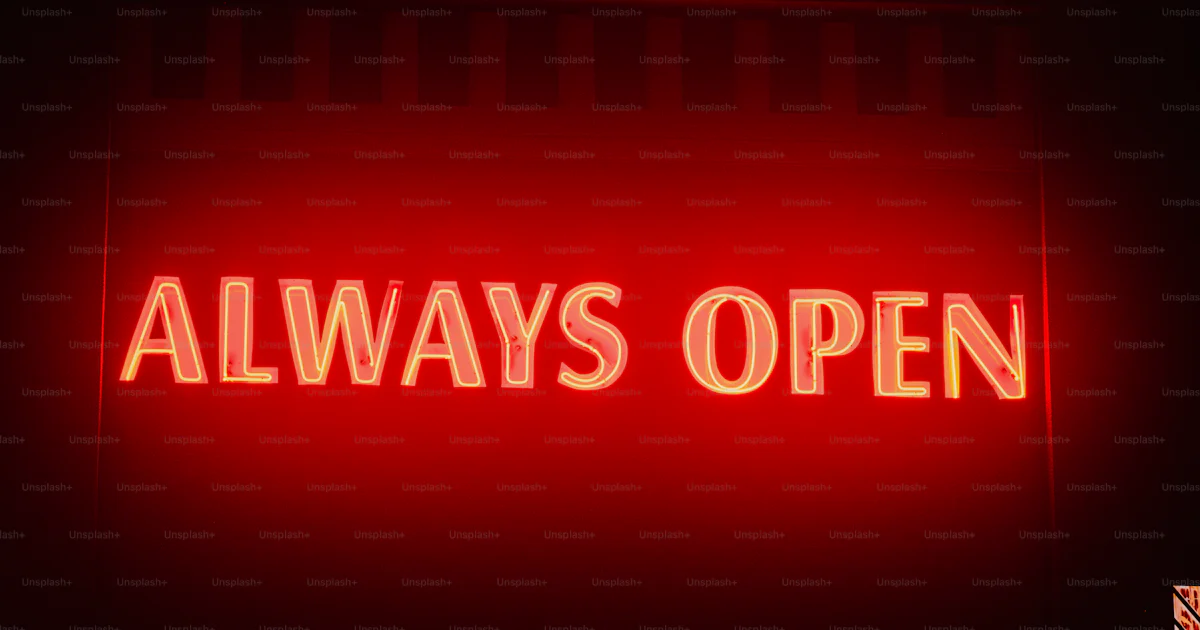 Always Open Sticker A red neon sign that says, always open photo – Neon Image on Unsplash