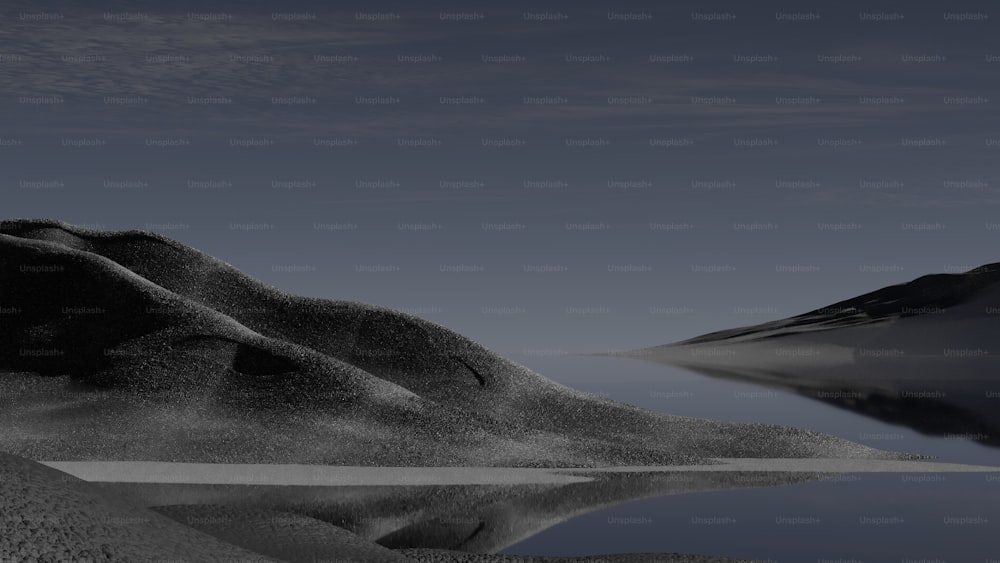 Una foto in bianco e nero di una montagna e uno specchio d'acqua