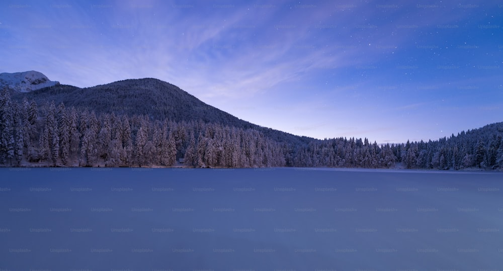 a snow covered field with a mountain in the background