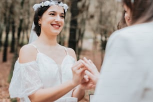 a woman in a white dress holding hands with another woman in a white dress