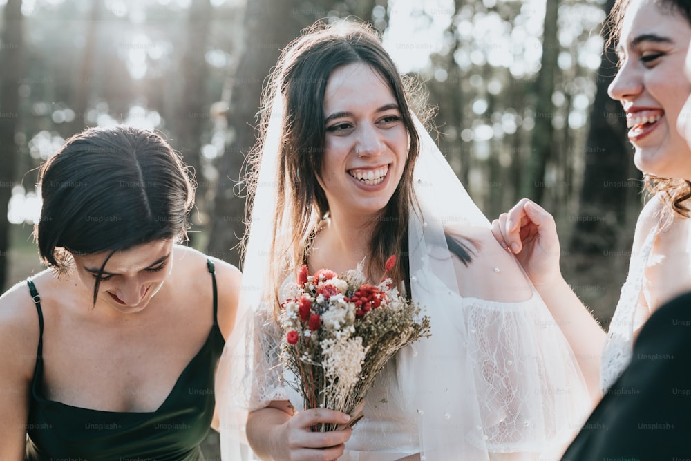 a bride smiles as she holds a bouquet of flowers