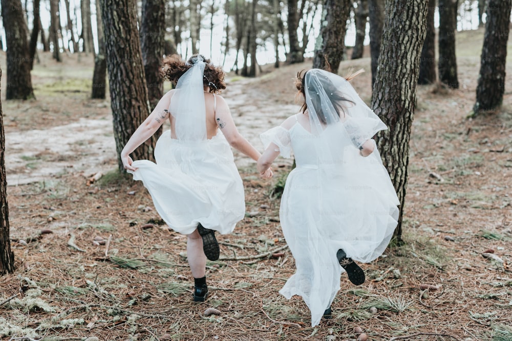 duas noivas correm pela floresta de mãos dadas