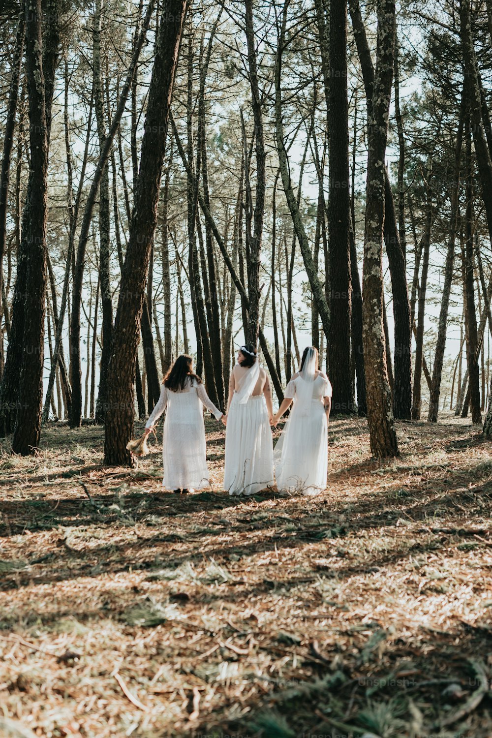 a group of women in white dresses walking through a forest