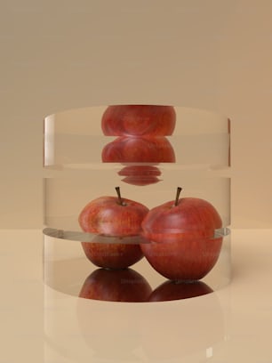three red apples in a clear bowl on a white surface