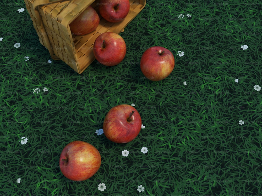 una pintura de manzanas y una cesta de manzanas