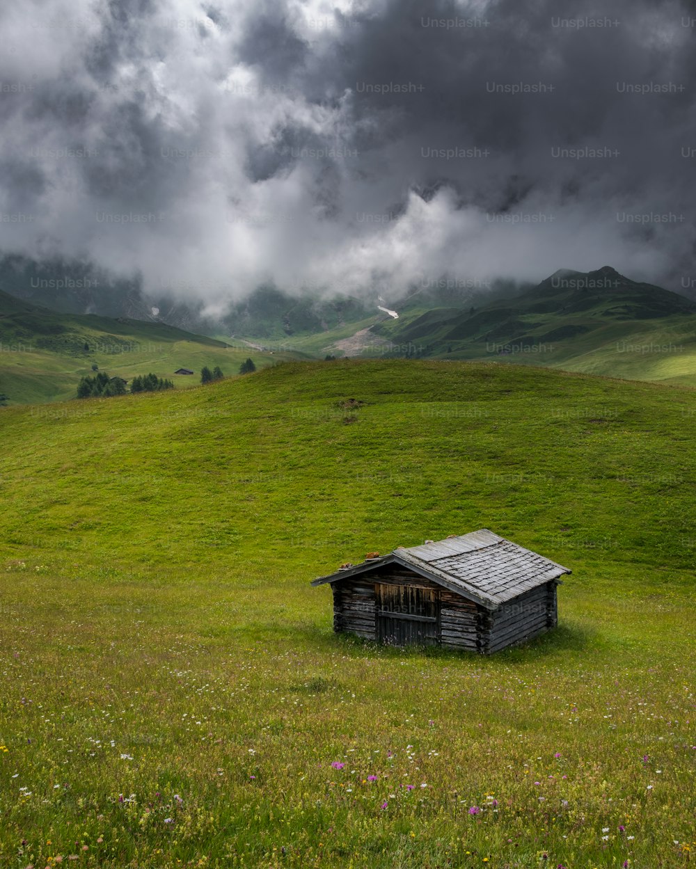 Una pequeña cabaña en un campo con montañas al fondo
