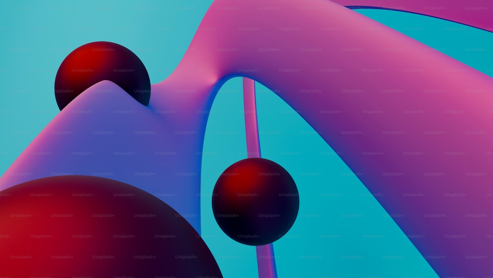 a blue and pink background with two red balls