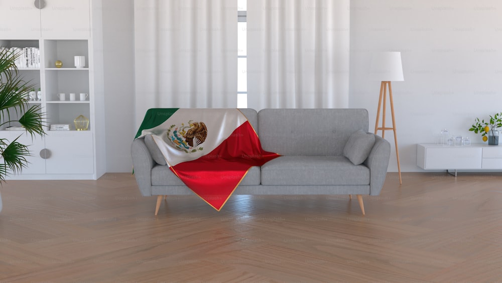 a living room with a couch and a flag on it