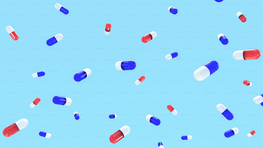 Un ciel bleu rempli de pilules rouges, blanches et bleues