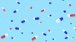 a blue sky filled with red, white and blue pills