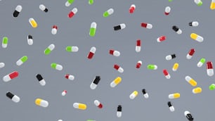 a lot of pills floating in the air
