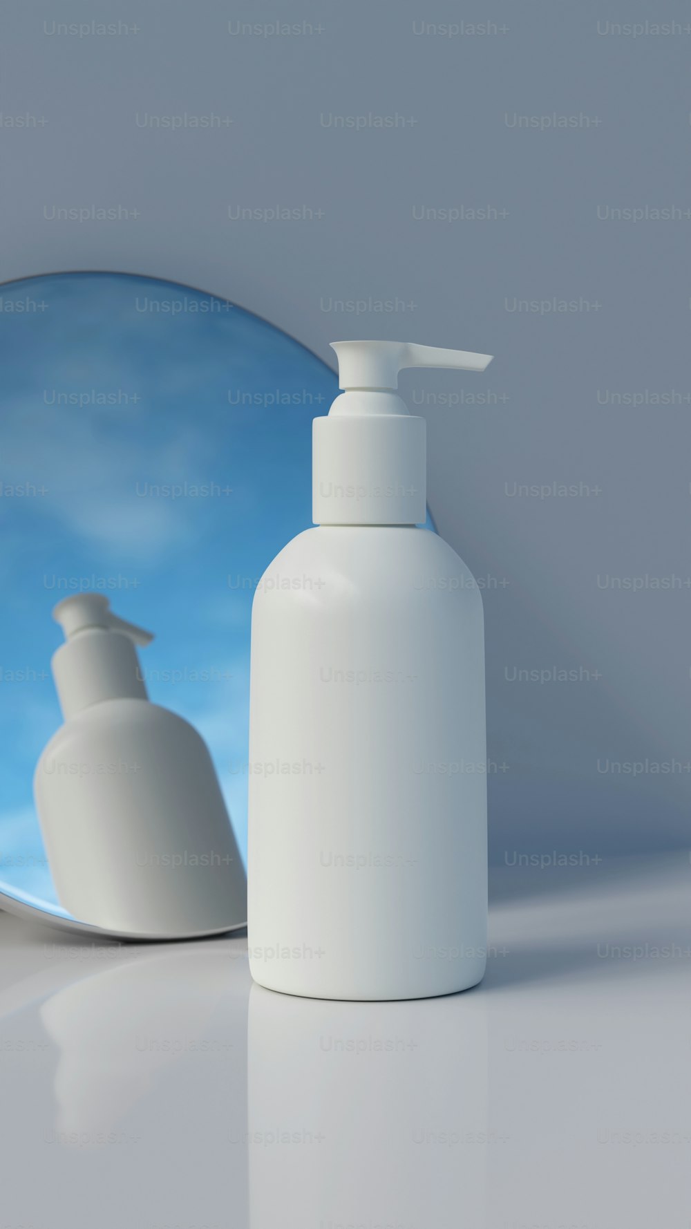 a bottle of lotion sitting next to a mirror