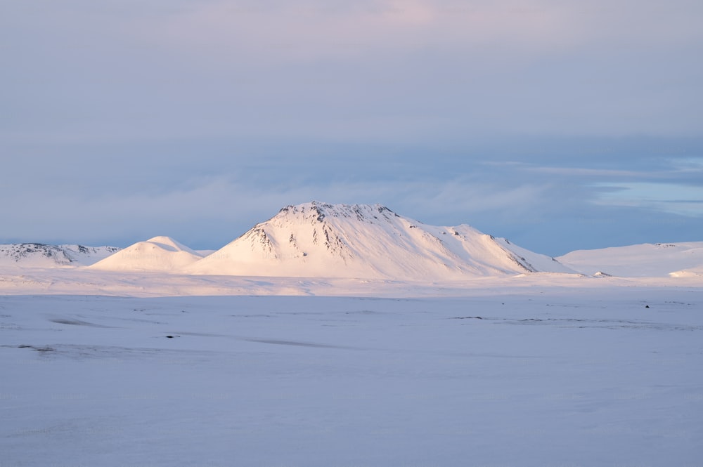 a snowy landscape with a mountain in the background