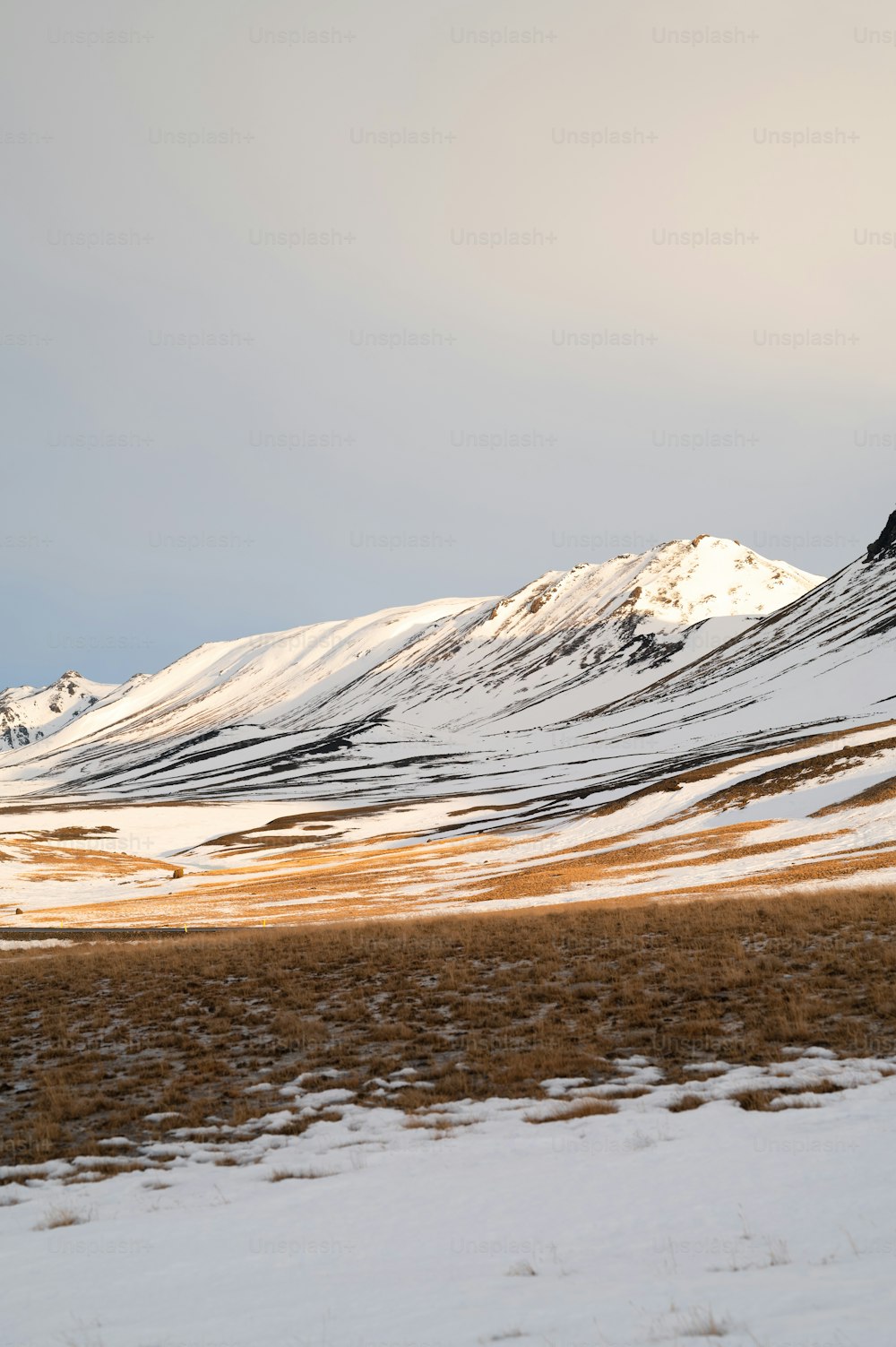 Eine verschneite Landschaft mit einem Berg im Hintergrund