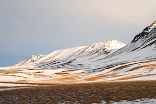 a snow covered mountain range with brown grass