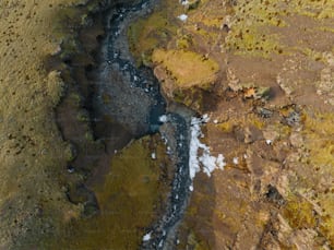 Luftaufnahme eines Flusses, der durch ein Feld fließt