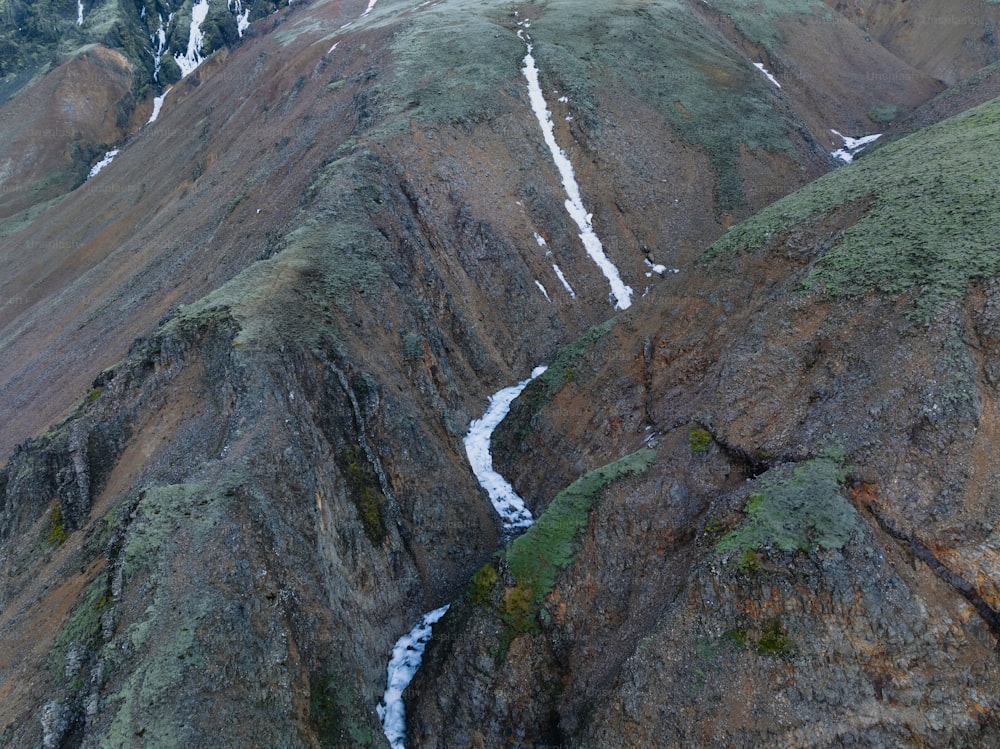 a view of a mountain with a stream running through it