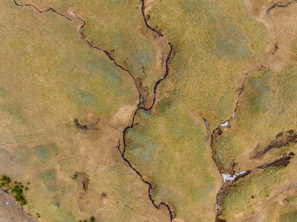 Luftaufnahme einer Rasenfläche mit einem Fluss, der durch sie fließt