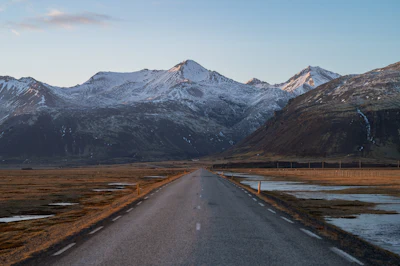 Road through field with mountains