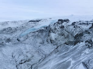 a snow covered mountain with a glacier in the distance