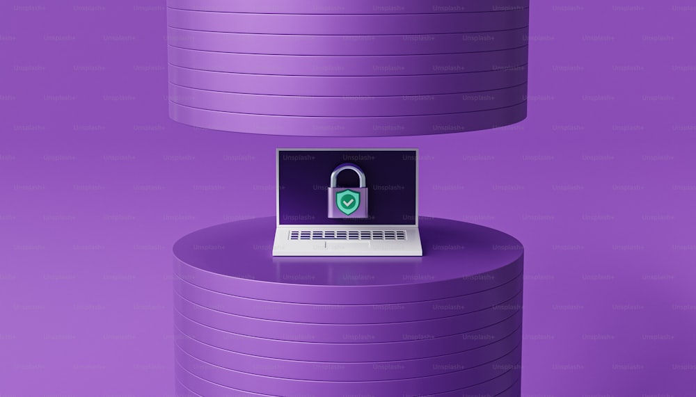 a laptop computer sitting on top of a purple shelf
