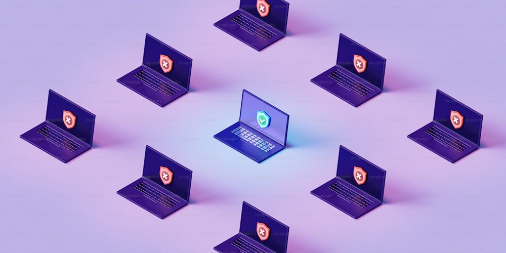 Un grupo de computadoras portátiles púrpuras sentadas una encima de la otra